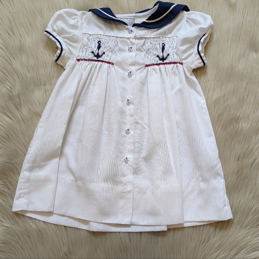 Vintage White and Navy Sailor Smocked Kids Dress